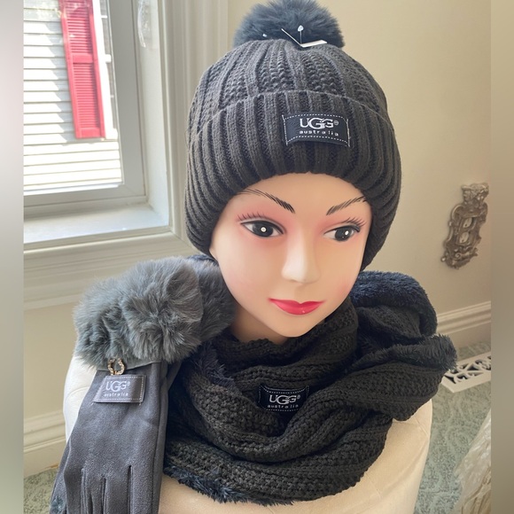 UGG Accessories - UGG Charcoal Grey Hat, Infinity Scarf & Glove Set
